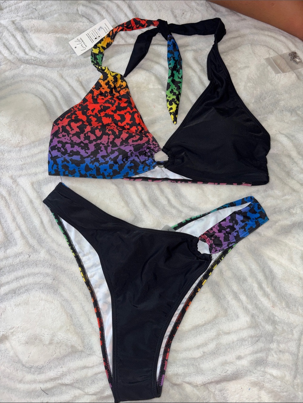 Cupshe Black Bikini Set with Rainbow Print Accents